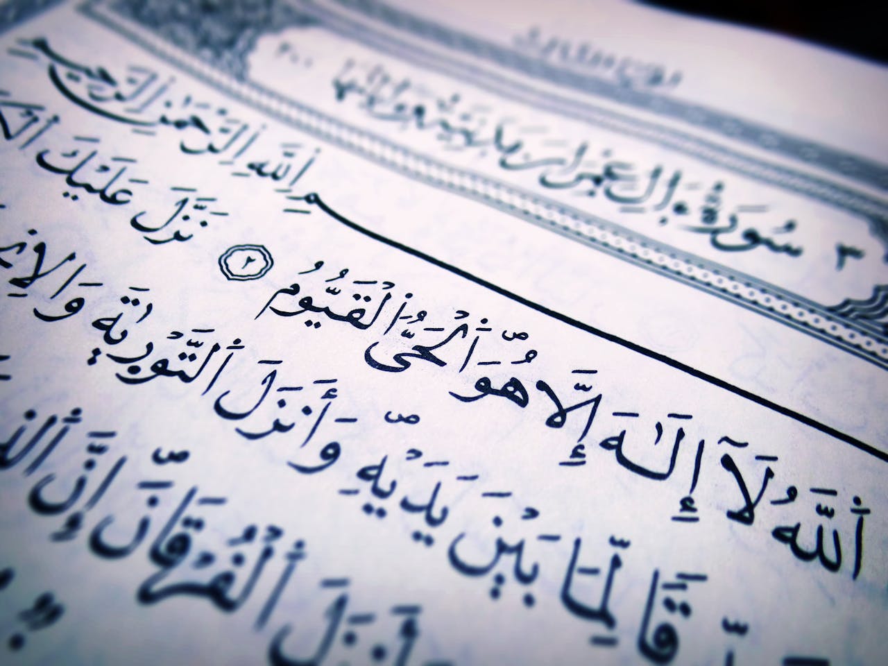 Services Detailed close-up of Arabic script from a Quran page, highlighting religious text and calligraphy.
